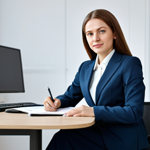 Home 7 **
A professional businesswoman in a modest business suit, sitting at a desk in a modern Moscow office, fully clothed, appropriate attire, safe for work, perfect anatomy, natural proportions, professional photography, high quality.
**
