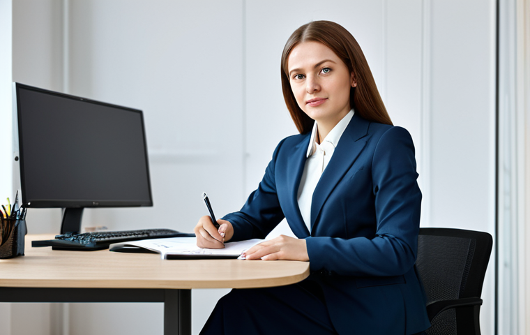 **
A professional businesswoman in a modest business suit, sitting at a desk in a modern Moscow office, fully clothed, appropriate attire, safe for work, perfect anatomy, natural proportions, professional photography, high quality.
**