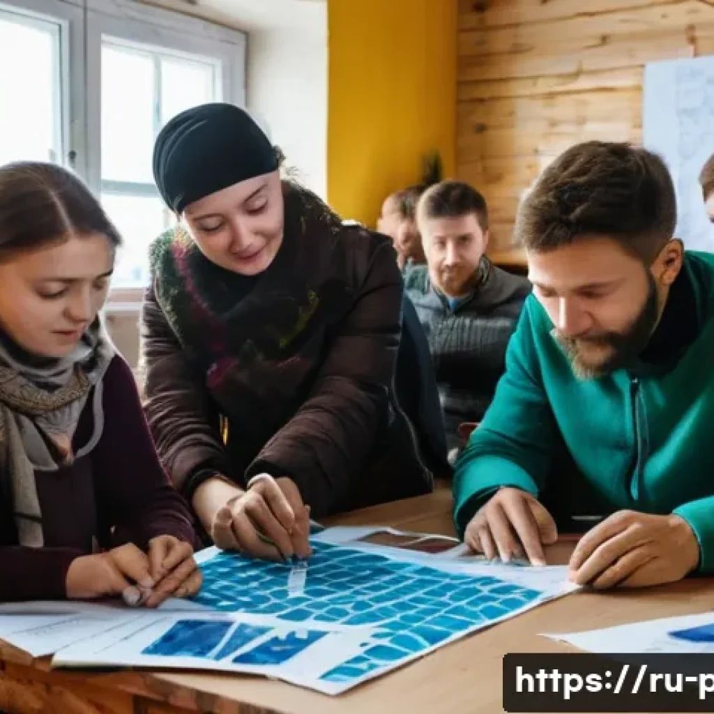 공공정책과 사회적 기업 사례 - A vibrant community workshop scene in a small Russian town, showing diverse local residents collabor...