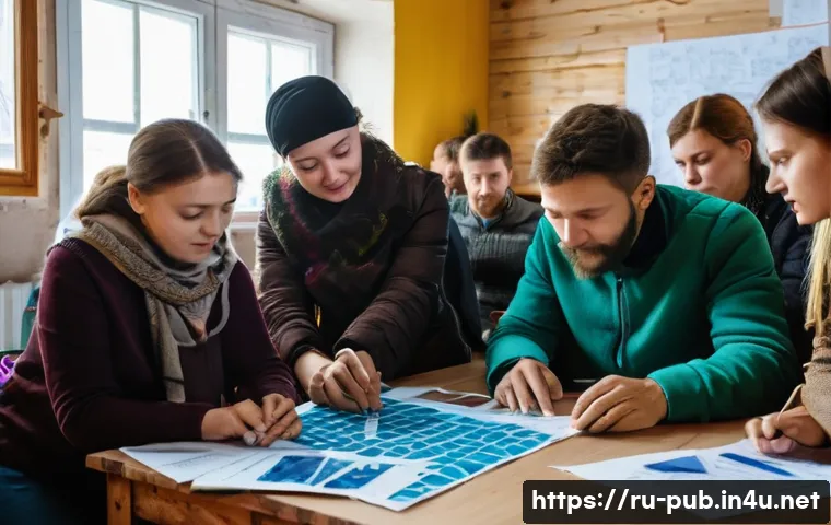 공공정책과 사회적 기업 사례 - A vibrant community workshop scene in a small Russian town, showing diverse local residents collabor...