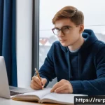 Home 21 공공정책 전문가 자격증 취득법 - A professional study environment featuring a young Russian adult sitting at a modern desk in a cozy ...