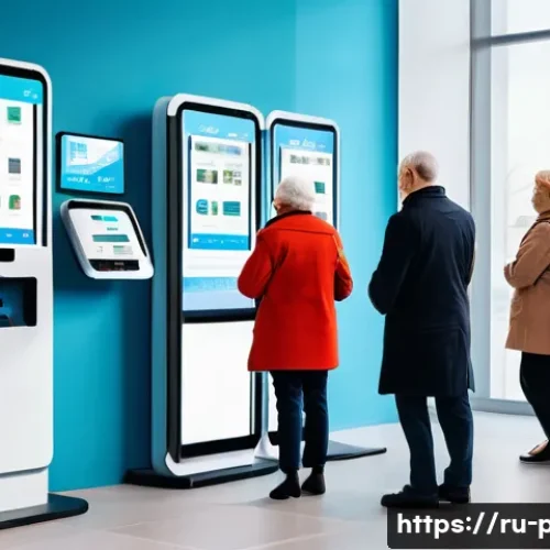 Home 32 공공정책 분야에서의 창업 아이디어 - A modern Russian city government office scene showcasing digital transformation: elderly citizens an...