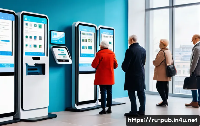 공공정책 분야에서의 창업 아이디어 - A modern Russian city government office scene showcasing digital transformation: elderly citizens an...