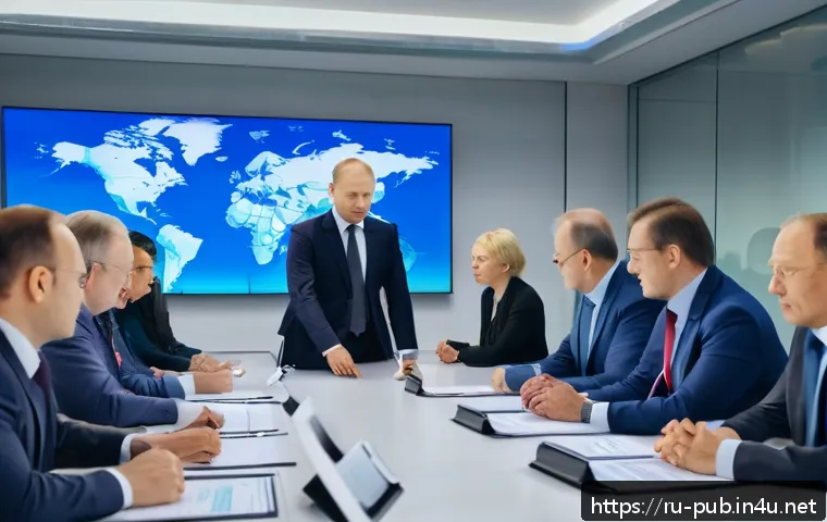 공공정책 정책 결정 과정 분석 - A detailed scene showing a diverse group of government officials and experts in a modern conference ...